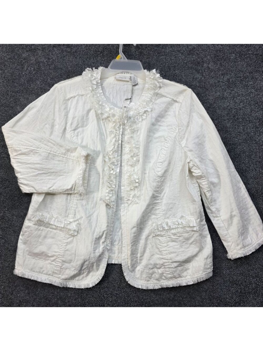 Chico's Linen Cotton Fringe Open Front Jacket Sz 3 White Quiet Luxury Clean Girl